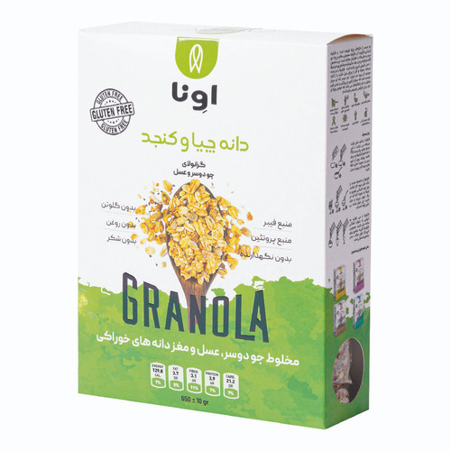 گرانولا جودوسر و عسل دانه چیا و کنجد و تخم آفتابگردان بدون گلوتن اونا - 650 گرم